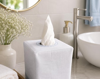 Contrast Color Linen Tissue Box Cover: Embroidered Mouth, Minimalist Bathroom Decor