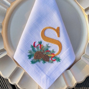 Embroidered Linen Napkins: Monogrammed Pine Cone Design