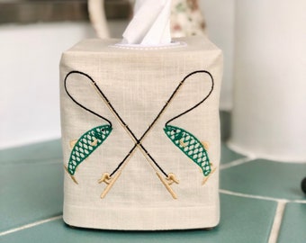 Embroidered Fishing Linen Tissue Box Cover: Beige Farmhouse Decor
