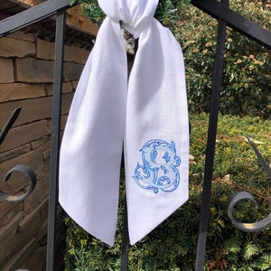 Quality monogrammed linen wreath sash, white linen fabric sash, mother&#39;s day gift, embroidered linen gift basket sash, embroidery blanks
