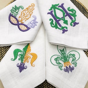 Embroidered Linen Mardi Gras Napkins: Monogrammed Table Linens