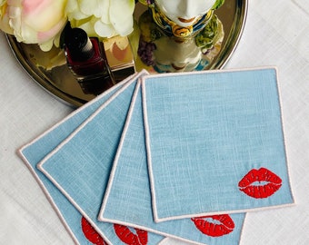 Embroidered Red Lips Linen Cocktail Napkins: Funny Tea Mat Coasters