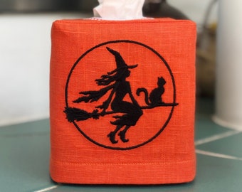 Embroidered Halloween Linen Tissue Box Cover: Witch & Cat