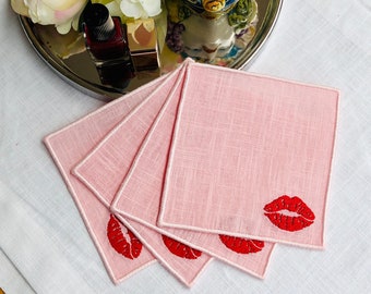 Embroidered Red Lips Linen Cocktail Napkins - Set of 4