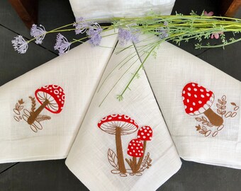 Mushroom Embroidered Linen Napkins: Czech Table Decor