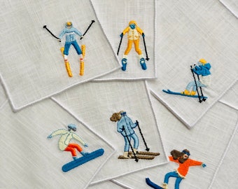 Embroidered Linen Cocktail Napkins, Winter Sports Decor, Personalized Gift