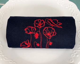 Embroidered Linen Napkins: Red Poppies, Monogrammed Table Linens