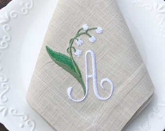 Embroidered Linen Napkin: Monogrammed Lily of the Valley Table Decor