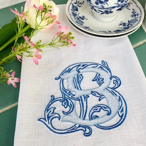 Embroidered Linen Guest Towel: Vintage Vine Monogram, Handsewn