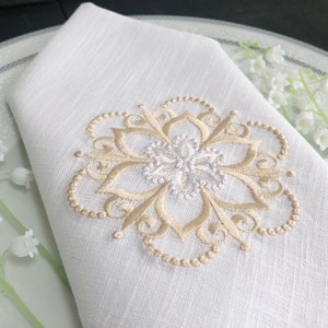 Embroidered Linen Napkins: Vintage Pearl Medallion, Monogrammed