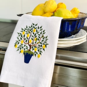 Embroidered Linen Guest Towel: Lemon Tree Farmhouse Decor