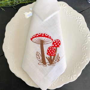Mushroom Embroidered Linen Napkins: Elegant Table Decor
