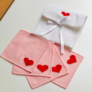 Valentine Linen Cocktail Napkins: Red Heart Embroidered Coasters, Set of 4