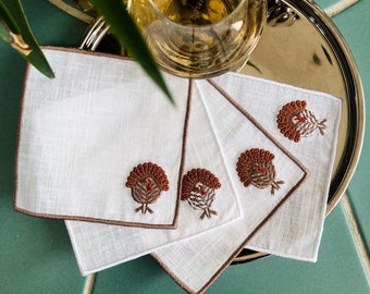 Geborduurde linnen cocktailservetten van Turkije, cadeau gastvrouw Thanksgiving, set van 4