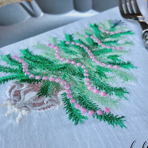 Embroidered Linen Christmas Napkin: Vintage Pastel Tree Design