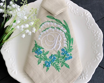 Monogrammed Linen Napkins: Embroidered Lily of the Valley, Personalized Table Decor