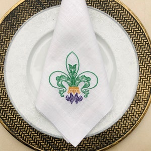 Embroidered Linen Napkins: Mardi Gras Fleur-de-Lis, White Linen