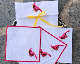 Embroidered Cardinal Linen Cocktail Napkins - Set of 4