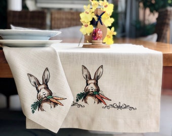 Embroidered Easter Table Runner: Linen Bunny Carrot Design