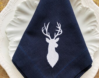 Embroidered Linen Christmas Napkin: Monogrammed Deer Table Decor