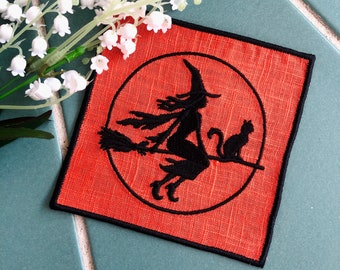 Embroidered Halloween Cocktail Napkins Set: Flying Witch & Black Cat