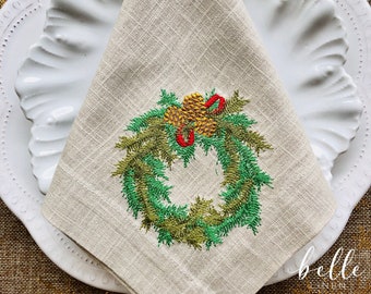 Embroidered Christmas Wreath Linen Napkin: Holiday Table Decor