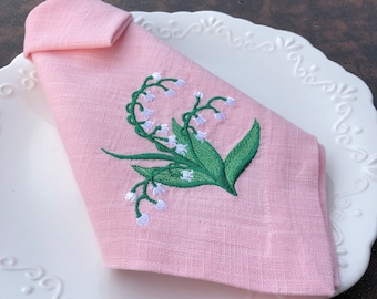 Embroidered Linen Napkin: Lily of the Valley, Pink Table Decor