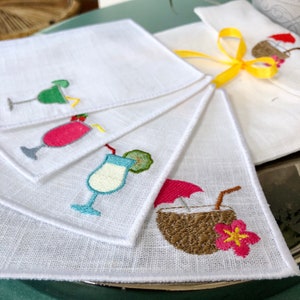 Embroidered Cocktail Napkins Set: Linen Party Drinks Coasters