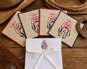 Cowboy Embroidered Linen Cocktail Napkins – Set of 4