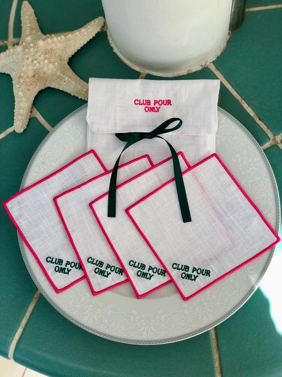 Embroidered Linen Cocktail Napkins Set: Golf Club Theme, with Linen Envelope