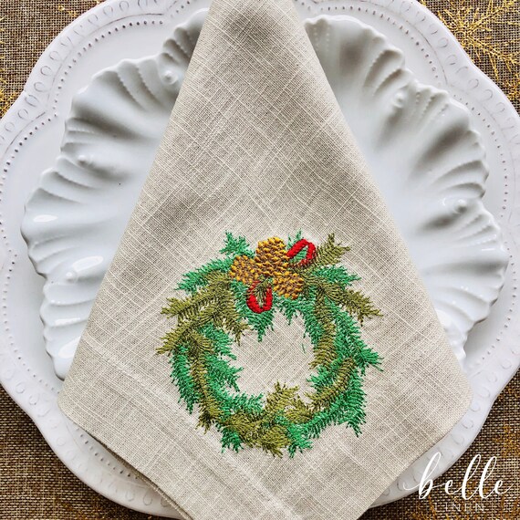 Embroidered Christmas Wreath Linen Napkin: Holiday Table Decor