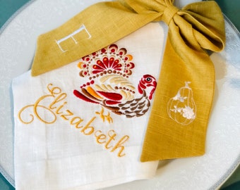 Serviette de table en lin brodée Thanksgiving : monogramme personnalisé pour dîner de dinde