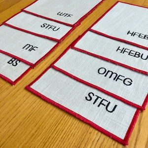 Embroidered Linen Cocktail Napkins: Funny Swear Word Coasters, Set of 4