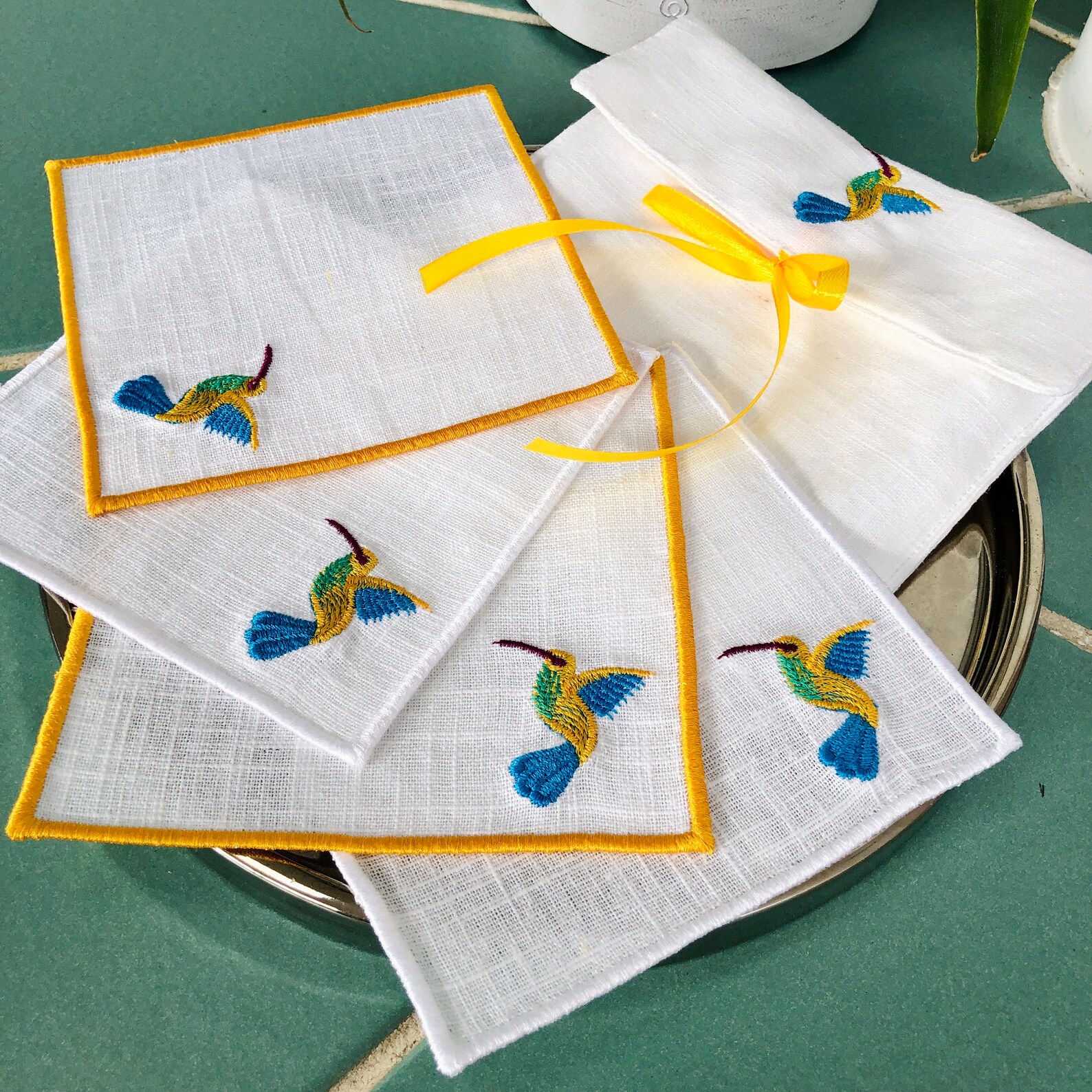 Embroidered Hummingbird Linen Cocktail Napkins - Set of 4 - Etsy