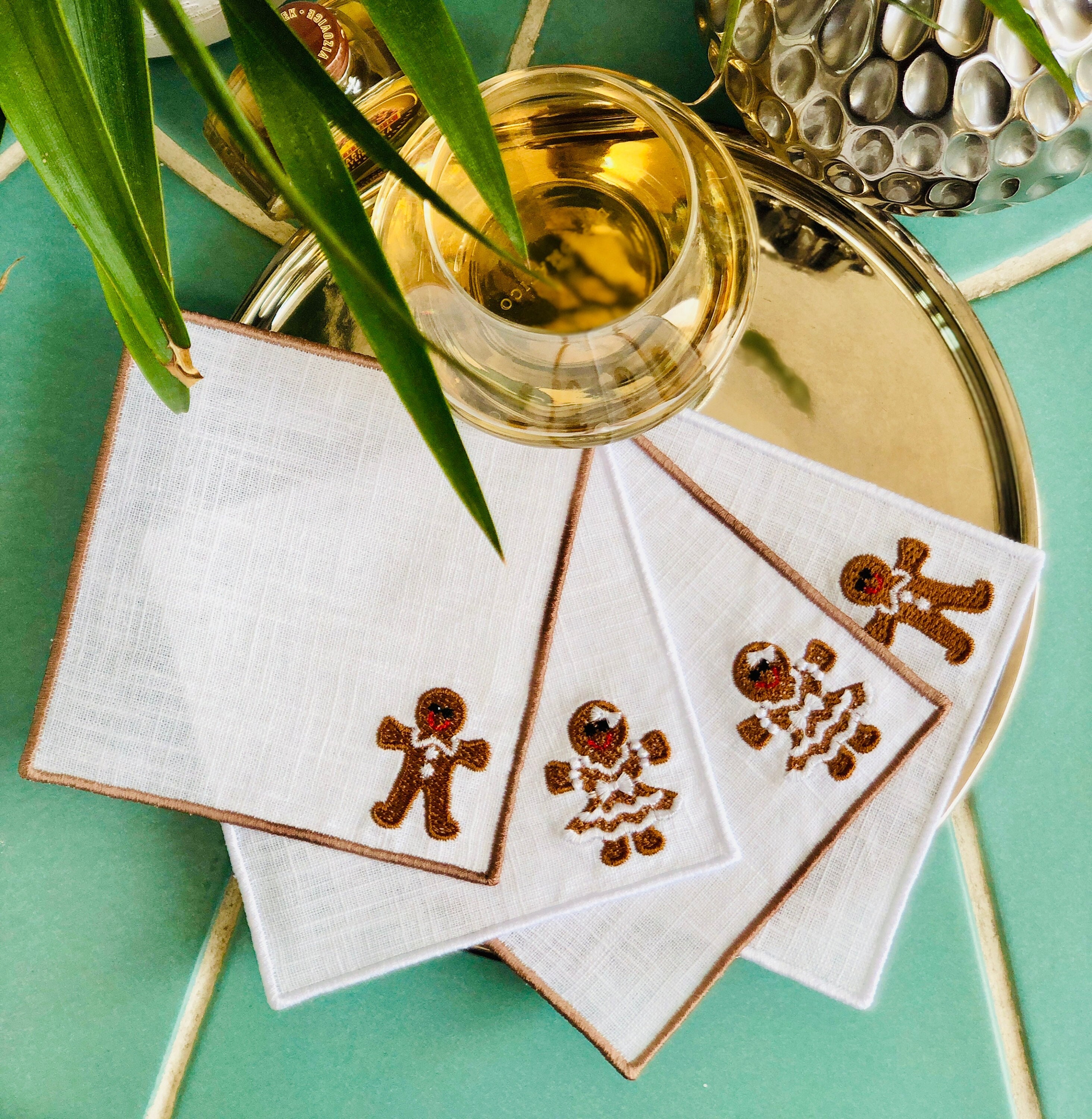 Painted Bunny Embroidered Linen Dinner Napkin, Red with Gold, Set of 2