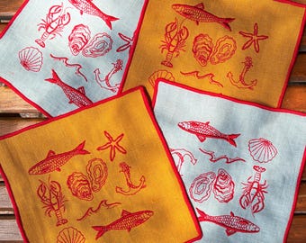 Embroidered Linen Cocktail Napkins: Sun, Beach, Seafood - Set of 4