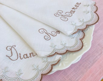 Embroidered Linen Napkins: Monogrammed Scallop Table Linens