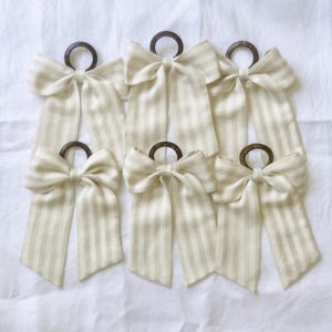 Linen Ribbon Napkin Rings Set: Beige Striped Bows, Monogram Option