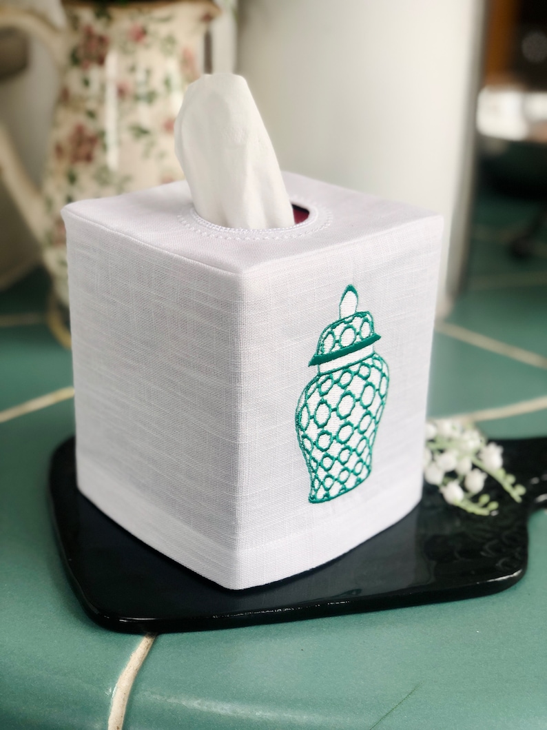 Bellelinen Embroidered Chinoiserie Ginger Jar Linen Tissue Box Cover