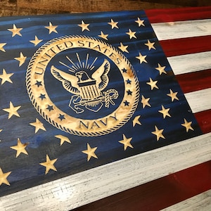 Wooden Navy / Army / Marine / Airforce / Space Force or Coast Guard engraved American Flag
