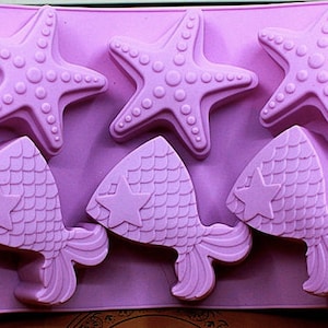 MERMAID & STARFISH Breakable MOLD, Large 6 Cavity Silicone Mold, Under the Sea Creatures, Ocean Theme Chocolate Mold, Baking, Mermaid Tail