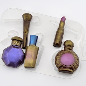 MAKEUP VARIETY MOLD, 5-piece (Lipstick Powder Brush Perfume Bottle) Plastic Soap Mold, Chocolate Mold, Fashion Mold, Bridal Cake Decoration