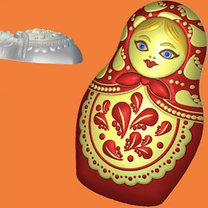 May include: A red and gold wooden nesting doll with a traditional Russian design. The doll is painted with a floral pattern and has a smiling face with blue eyes.