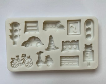 TRAFFIC THEME MOLD, Transportation, Bicycle, Car, Traffic Light, Signs, Road, Bus, Fondant Mold, Silicone Mold, Cake Decoration