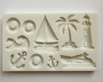 FORMA W STYLU MORSKIM, 10-komorowa forma do fondantu, forma do falowania w kształcie kotwicy, forma do dekorowania babeczek, forma plażowa, forma letnia