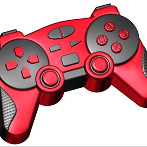 May include: A red and black video game controller with buttons and a directional pad.