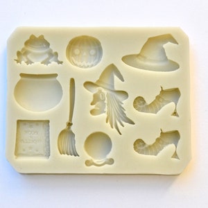 HALLOWEEN VARIETY MOLD, Silicone Fondant Mold, Witch Hat Pumpkin Frog & Broom Mold, Cupcake Decorating, Chocolate Mold, Resin Mold, Spooky