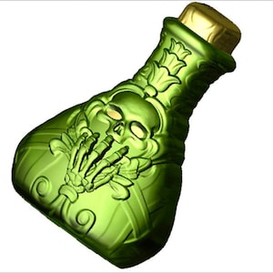 May include: A green glass bottle with a skull and crossbones design. The bottle has a gold cork and is decorated with intricate details.