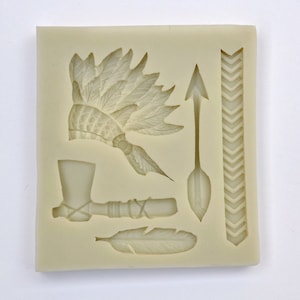 Silikonform med tribaltema, indisk fondantform, 5 håligheter, mycket detaljerad form, pil, fjäder, tomahawk, tårtdekoration, chokladtillverkning