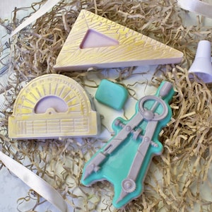 SCHOOL SUPPLIES MOLD - Protractor, Ruler, Eraser, Compass - Soap Mold, Bath Bomb Mold, Math and Science Theme Chocolate Mold, Unique Tools